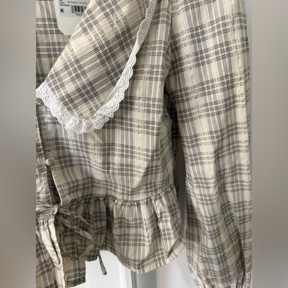 Altar’d State Raya Plaid Beige Women's Top with Lace Collar - Picture 7 of 9